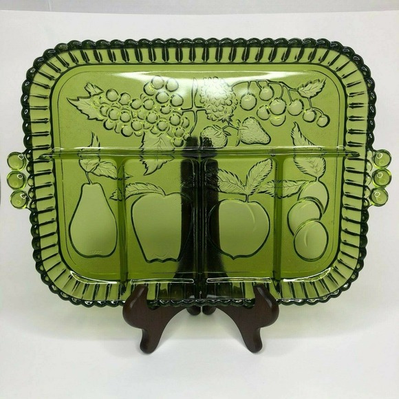 Vintage Olive Green Indiana Glass Divided Tray With Fruit Pattern Relish MidCent - Picture 5 of 9